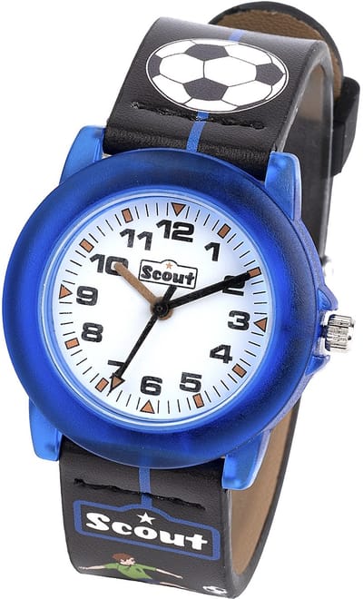Scout Kinderuhr analog aus der Serie "Crystal" mit schwarz/blauem Kunstlederband mit Fussball-Motiven und Quarzwerk