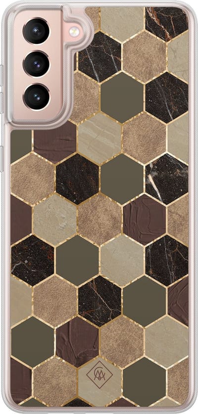 Casimoda® hoesje - Geschikt voor Samsung Galaxy S21 Plus - Kubus Groen Bruin - 2-in-1 case - Schokbestendig - Geometrisch patroon - Verhoogde randen - Bruin/beige, Transparant