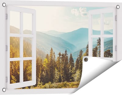 Gards Tuinposter Doorkijk Bos met Bomen in de Hoge Bergen - 60x40 cm - Tuindoek - Tuindecoratie - Wanddecoratie buiten - Tuinschilderij