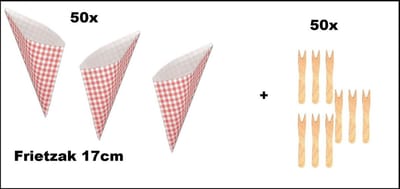 50x Frietzak rood/wit geruit 17cm papier + 50x houten frietvorkje - Boerenbont/ Puntzak/ Patat/Friet/Vork/ Snack