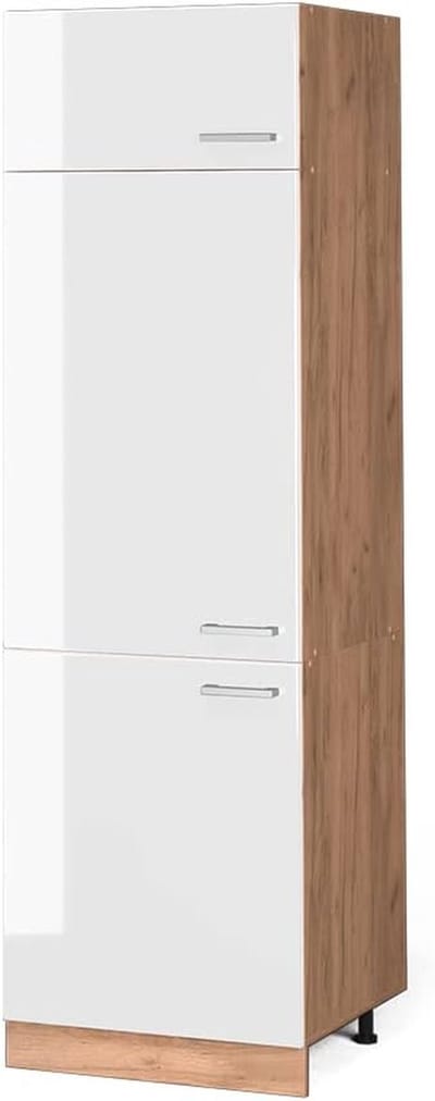 Moderne 60 cm Koelkastombouw Kast - Hoogglans Wit & Eikenlook Goud