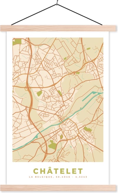 Posterhanger incl. Poster 40x60 cm - Schoolplaat - Kaart - Stadskaart - Châtelet - België - Plattegrond. - Textielposter - Blanke latten - Stadskaart