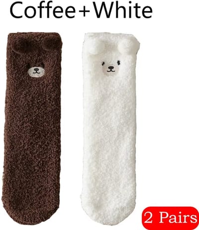 2 Paar Warme Dames Sokken – Dikke Pluche Slaapsokken van Koraalfluweel – Fluffy Huissokken met Schattige Beer Cartoon – Zachte Winter Slofsokken & Antislip Vloersokken
