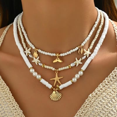 Bohemian Meerlaagse Zeester Schelp Rijstkorrels Ketting Voor Vrouwen Vintage Vissenstaart Parel Schelp Sleutelbeen Choker Strand Sieraden brown
