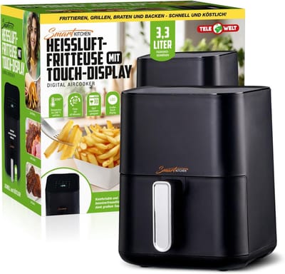 Smart Kitchen Heteluchtfriteuse 3.3L Kleine Airfryer voor Compacte Keukens – Mini Aircooker met LED Touch Display, 9 Programma’s, Automatische Uitschakeling | Gezond Frituren met 90% Minder Olie Airfryer Klein & Elektrisch met Kajal Sticker