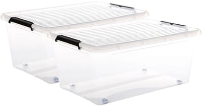 5Five opberg kist met deksel - 2x - Clip Box - 40 liter - 58 x 39 x 25 cm - kunststof - transparant