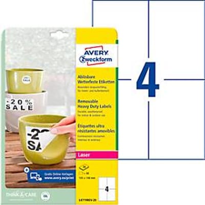 Avery-Zweckform L4719REV-20 Folie-etiketten 105 x 148 mm Polyester folie Wit 80 stuk(s) Weer verwijderbaar Laser (kleur), Laser (zwart/wit), Kopiëren