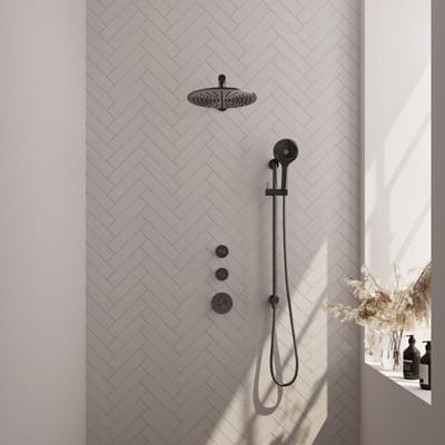 Brauer Gunmetal Edition thermostatische inbouw regendouche SET 20 met 30 cm douchekop en rechte muurarm en 3-standen handdouche en doucheslang en geïntegreerde glijstang gunmetal geborsteld PVD