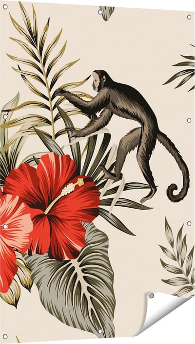 Gards Tuinposter Tropische Bloemen met Apen Achtergrond - 80x120 cm - Tuindoek - Tuindecoratie - Wanddecoratie buiten - Tuinschilderij