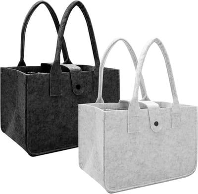 Set van 2 opvouwbare vilt boodschappentassen, lichtgrijs en donkergrijs, multifunctionele shoppers, 30 x 20 x 18 cm, ideaal voor dagelijks gebruik en boodschappen.