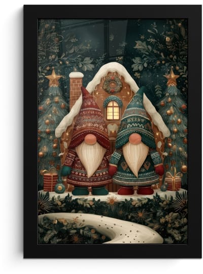 Poster in lijst - Fotolijst 20x30 cm - Posters - Kerst - Gnomen - Peperkoekhuisje - Rood - Groen - Posterlijst zwart - Decoratie - Wanddecoratie woonkamer - Muurdecoratie slaapkamer - Kerstversiering - Kerstdecoratie voor binnen - Kerstmis