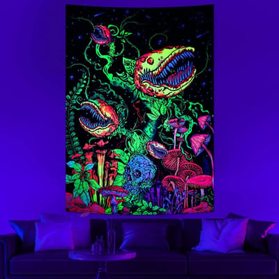 Psychedelische Zwartlicht Schedelkop Fluorescerend Wandkleed UV Reactief Wandkleed Wanddecoratie Hippie Trippy Huisdecoratie 100X75CM