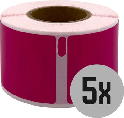 DULA Dymo kompatible Etiketten, S0722370 99010, 28 x 89 mm, Rosa, Permanent, 5 Rollen, 130 Etiketten pro Rolle