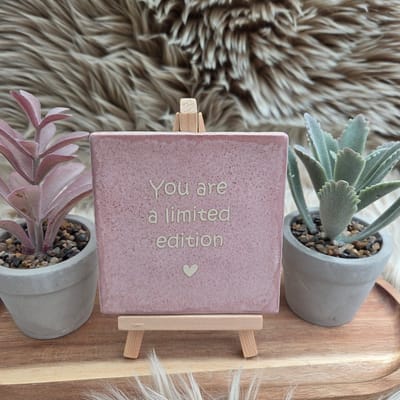 Robuust Wenstegeltje – You Are a Limited Edition – Hip trendy tegeltje – 10x10 cm – Uniek Cadeau voor Vriendin, Juf, Tante, Zus of Collega – Stijlvolle Woondecoratie met Boodschap – Trendy nu – Decoratief Tegeltje met Standaard – Cadeau Idee