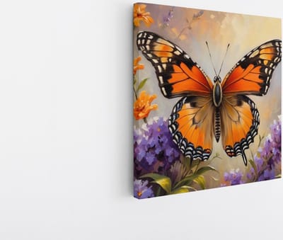 Saammp Canvas Schilderij -Vlinder bij paarse bloemen - Dieren - Abstract - 20x20 - Foto op canvas - Wanddecoratie - muurdecoratie Woonkamer - Slaapkamer decoratie - Canvas Print