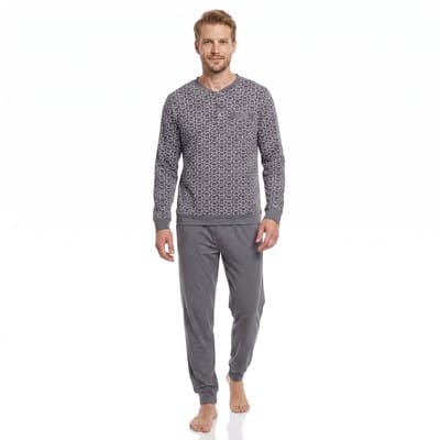 Heren Pyjama Met knoopjes Lange Mouw Lange Broek - Katoen - Grijs - Maat XXL - 2501-Grey-XXL