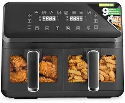 Dubbele Mand Luchtfriteuse 8.8 QT | Gezinsformaat Olievrije Friteuse met 360° Heet Lucht Technologie | 9 Voorgeprogrammeerde Kookopties