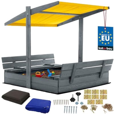 KOTARBAU® Houten Zandbak - 120 x 120 cm - Grijs - Zandbak met Bankjes - met Geel Dak - en Grondzeil - voor Tuin - Buitenspeelgoed