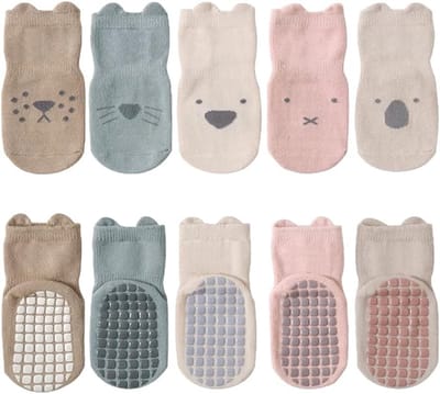 Baby Sokken met Antislip - ABS Katoenen Leren Sokken met Dieren Motief - Trainersokken voor Kruipende Peuters - Voor Baby's en Peuters - Babysokken - Wit -1-3 jaar oud - 5 Stuks