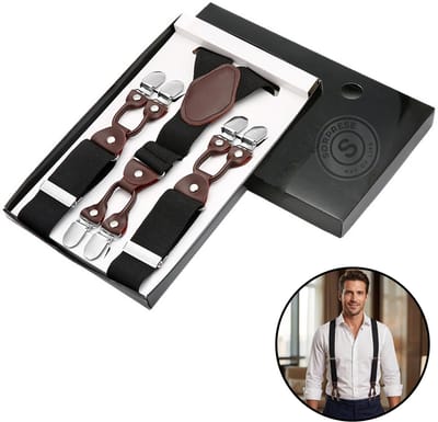 Sorprese - Luxe Chique Bretels - Zwart - Donkerbruin Leer - 6 Stevige Clips - Bretels Heren Volwassenen - Inclusief Cadeaudoos