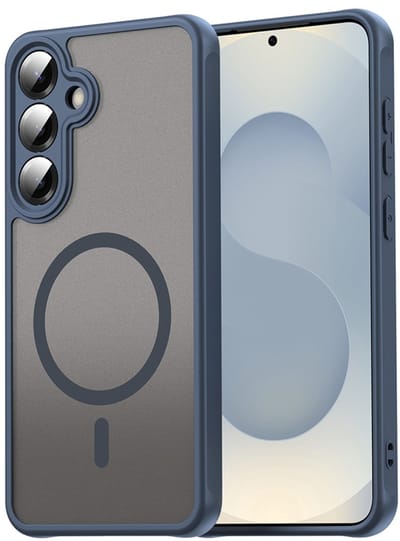 MobyDefend Hoesje - Geschikt voor Samsung Galaxy S25 - Case Geschikt voor MagSafe - Mat Transparant Met Gekleurde Rand - Blauw