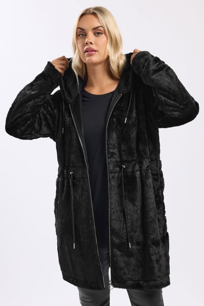 Yours Curve Zwarte Faux Fur Lange Rits Hoodie Size 42