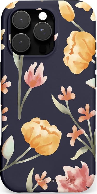 Casetastic hoesje geschikt voor Apple iPhone 16 Pro - MagSafe - Dubbellaagse bescherming - Bloemen Nacht - Fashion Case - Zwart Taupe Perzik Grijs