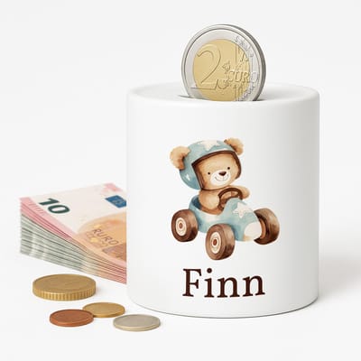 Spaarpot Beertje met auto - gepersonliseerd met naam - Spaarpot met naam gepersonaliseerd - Baby Cadeau - Geschenk - kraamcadeau - Spaarpotten voor kind - jongen of meisje