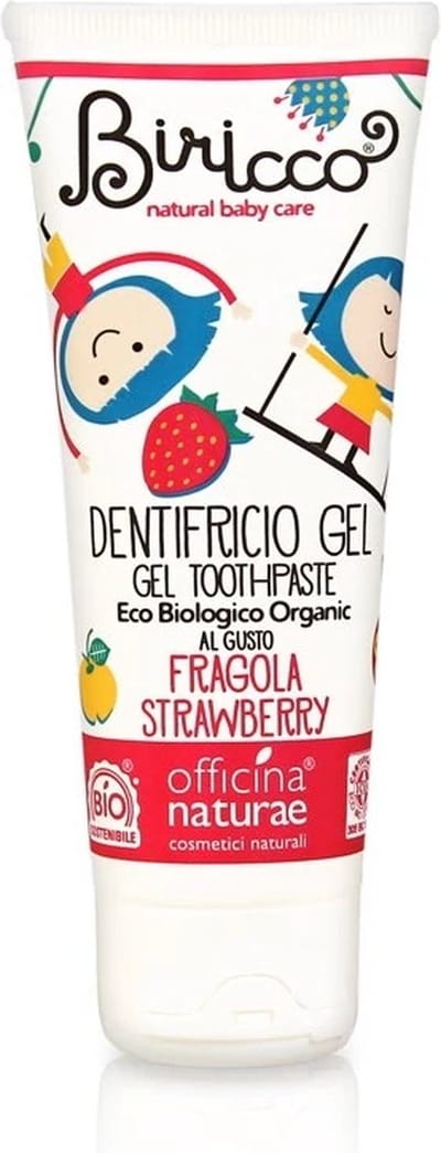 Bio Junior Tandpasta Aardbeiensmaak zonder fluoride 75 ml & 2 Duurzame Cellulose Tandenborstels - Officina naturae