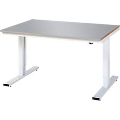 Rau werktafel Adlatus, elektrisch in hoogte verstelbaar, 25 mm MDF-plaat met roestvrijstalen coating, tot 300 kg, B 1500 x D 1000 x H 720-1120 mm, zilver/lichtgrijs