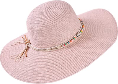 Decopatent - Zonnehoed Dames - Ibiza Style - Zomerhoed met Schelpen en Kralen - Strohoed UV - Strandhoed Hoofddeksel met Brede rand - Hoed voor Volwassenen - Kleur: Licht Roze
