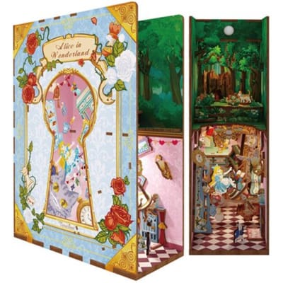 Tonecheer Alice in Wonderland Book Nook Bouwpakket - Modelbouw - 18,x 8 x 24,5 cm - DIY Pakket - Houten 3D Puzzel - Boekensteun - LED-licht - Bewegingssensor Licht - Boekenhouder