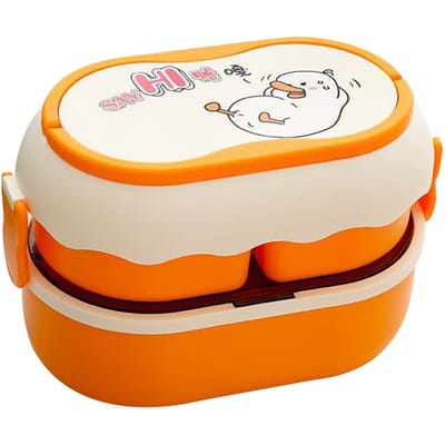 Dubbellaagse Bento Box Multifunctioneel 3 Vakken Schattige Draagbare Lunchbox met Bestek voor Werk beige