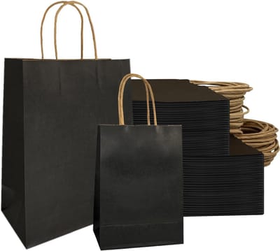 Allecto Plus - Zwarte Kraftpapieren Zakken met Handvat - Groot Formaat - Voor Verjaardag en Bruiloft - Kerst en Thanksgiving - Set van 50 stuks - 21 x 8 x _ - Winkelen en Verpakking - Meeneemzakken