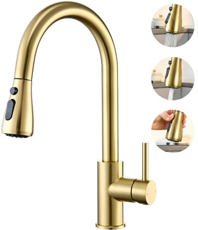 CECIPA max Keuken kraan Goud - Keukenkraan Met Uittrekbare Uitloop - 360° Draaibare Mengkraan - 3 Waterafvoermodi - RVS