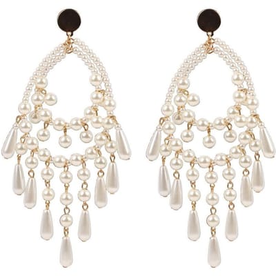5p Gouden Metaal Handgemaakt Parel Groot Voor Vrouwen Dangle Drop Oorbellen Mode Feest Statement Lange Sieraden Groothandel white