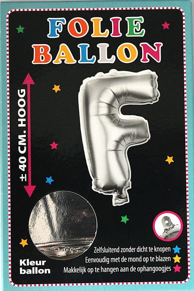 Folieballon - F - Letter Zilver - 40cm - Folie - Ballon - Zelfsluitend - Eenvoudig Met Mond Opblazen - Ophangoogjes - Touche Cards