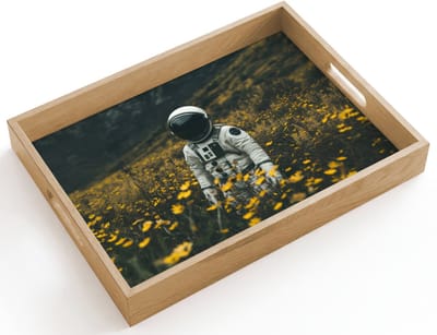 Dienblad hout 40x30 cm - Schootdienblad - Astronaut - Bloemen - Veld - Geel - Borrelplank rechthoek - Plateau dienbladen