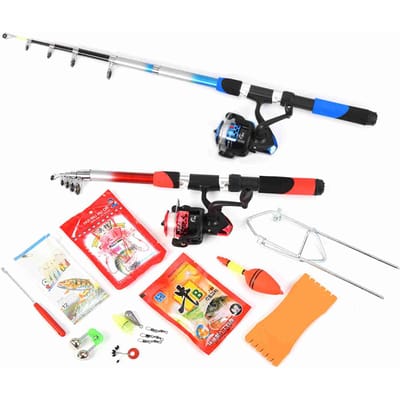 Combo Canne à Pêche Moulinet Ultra Léger Kit Complet avec 2 Canne à Pêche Télescopique 2,1m Moulinets Leurres Hameçons Red and blue