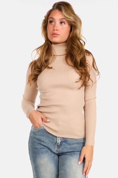 Getdrezzed Top - Maat: One size - Coltrui ribbel beige