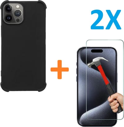 Shock-proof silicone hoesje met 2 Pack Tempered glas Screen Protector - zwart - Geschikt voor: iPhone 15 Pro