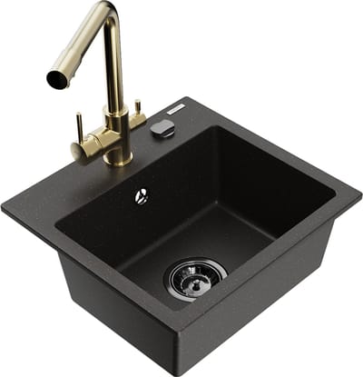 Mexen Milo granieten gootsteen 1-komorige met keukenmengkraan Duero, zwart/goud metallic - 6505-75-671600-50-B