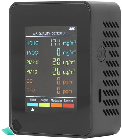 Ynkkvre - Luchtkwaliteitsmeter - Air Quality Monitor - CO2 meter - Kooldioxidedetector - Luchtvochtigheidsmeter - Thermometer - 5-in-1 Meting - 24u Werking - USB-C Oplaadbaar - Real-time Display