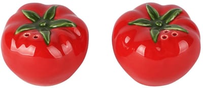 Dekoratief | Duo peper/zout tomaat, rood/groen, porselein, 6x6x5cm | A260394