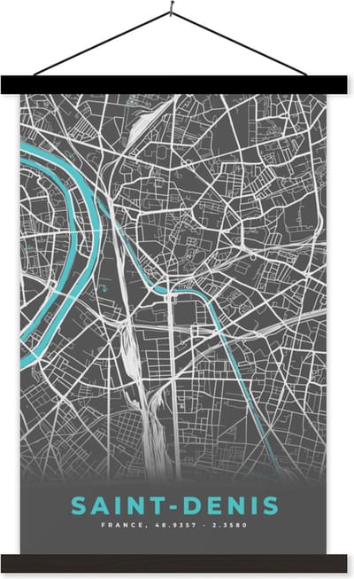 Posterhanger incl. Poster 40x60 cm - Schoolplaat - Saint-Denis - Frankrijk - Plattegrond - Kaart - Stadskaart - Textielposter - Zwarte latten - Stadskaart