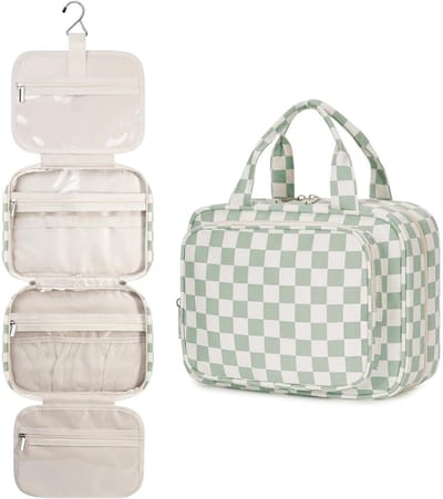 Famanu – Hangende Reis Toilettas voor Vrouwen Waszak Cosmetica Make-up Tas Organizer Accessoires (Dambord Mintgroen (Medium))
