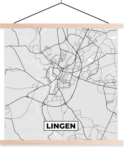 Posterhanger incl. Poster 40x40 cm - Schoolplaat - Plattegrond - Duitsland - Lingen - Kaart - Stadskaart - Textielposter - Blanke latten - Stadskaart