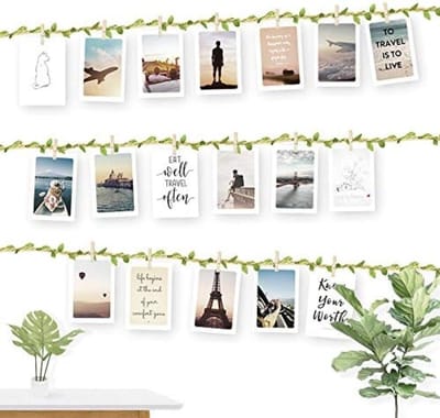 PromoHome DIY Fotolijsten Collage Set - 3 Meter Hangende String Fotolijst Decoratie met Groene Blad Motief - Complete Wanddecoratie Set met 30 Houten Klemmen en 10 Onzichtbare Nagels voor Woonkamer, Bruiloften en Feesten