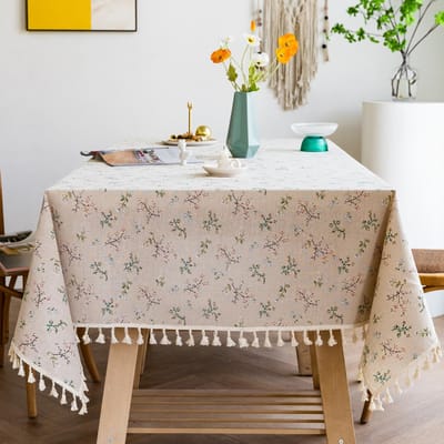 Nappe Vintage en Coton Lin Motif Floral Nappe avec Pompon Lavable Couvre-Table pour Dîner, Pique-nique, Décor de Table 140X260cm