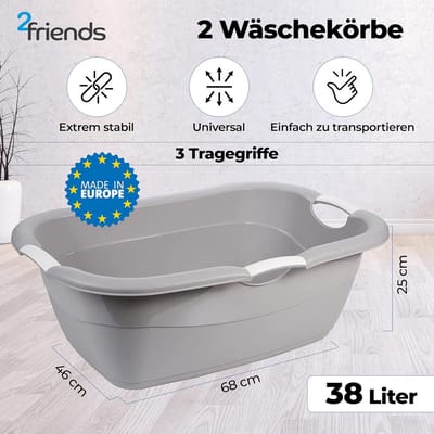 3-Delige Wasmand met Handvat - Grote Inhoud 38L - Stabiel Kunststof Grijs - Zonder Gaten